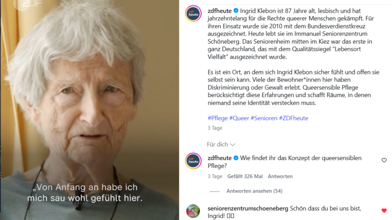 Screenshot eines Instagram Reels vom ZDF mit Bewohnerin Ingrid Klebohn - Immanuel Seniorenzentrum Schöneberg Screenshot eines Instagram Reels vom ZDF mit Bewohnerin Ingrid Klebohn - Immanuel Seniorenzentrum Schöneberg
