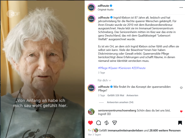 Screenshot eines Instagram Reels vom ZDF mit Bewohnerin Ingrid Klebohn - Immanuel Seniorenzentrum Schöneberg