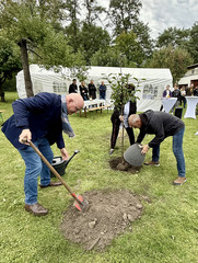 Mitarbeitende pflanzen mit einer Gartenschaufel einen Apfelbaum ein beim Fest zum 25-jährigen Jubiläum des Immanuel Suchthilfeverbunds Guben mit besonderen Wohnformen für abhängigkeitskranke Menschen in Thüringen Mitarbeitende pflanzen mit einer Gartenschaufel einen Apfelbaum ein beim Fest zum 25-jährigen Jubiläum des Immanuel Suchthilfeverbunds Guben mit besonderen Wohnformen für abhängigkeitskranke Menschen in Thüringen